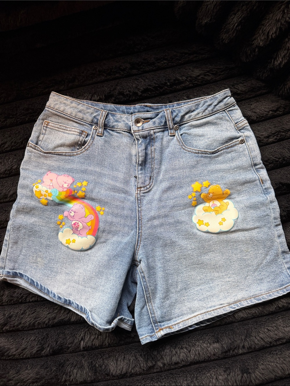 Hot Topic Light Blue Denim Shorts with Pink & Yellow Care Bears